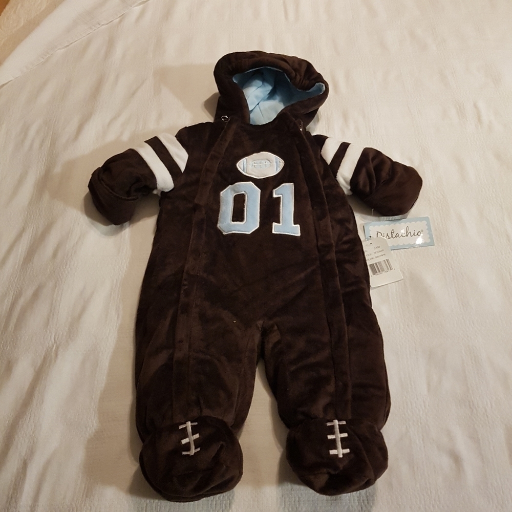 Pistachio boys 3-6 months brown Snowsuit pram suit football design NWT